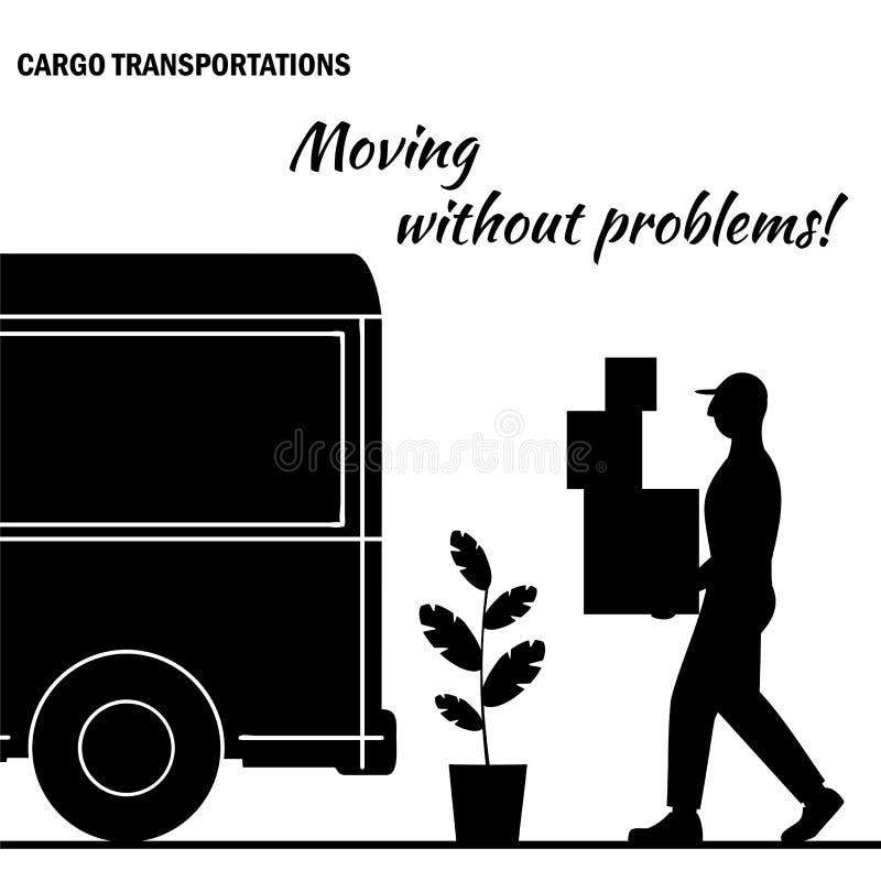 Vector illustration silhouette of a loader carrying boxes in a truck, moving to a new house, moving office, courier delivery